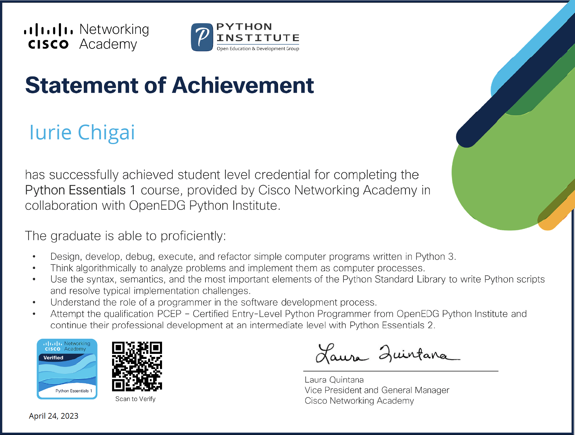 Python certificate issued by Cisco Network Academy